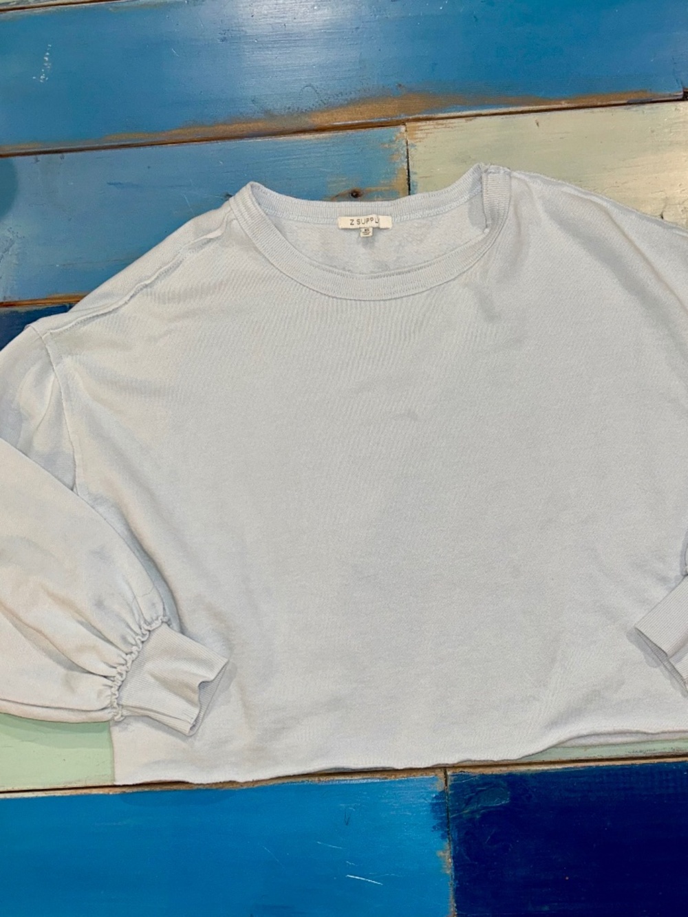 Z Supply Cropped Sweatshirt XS Light Blue Balloon Sleeve Pullover Top